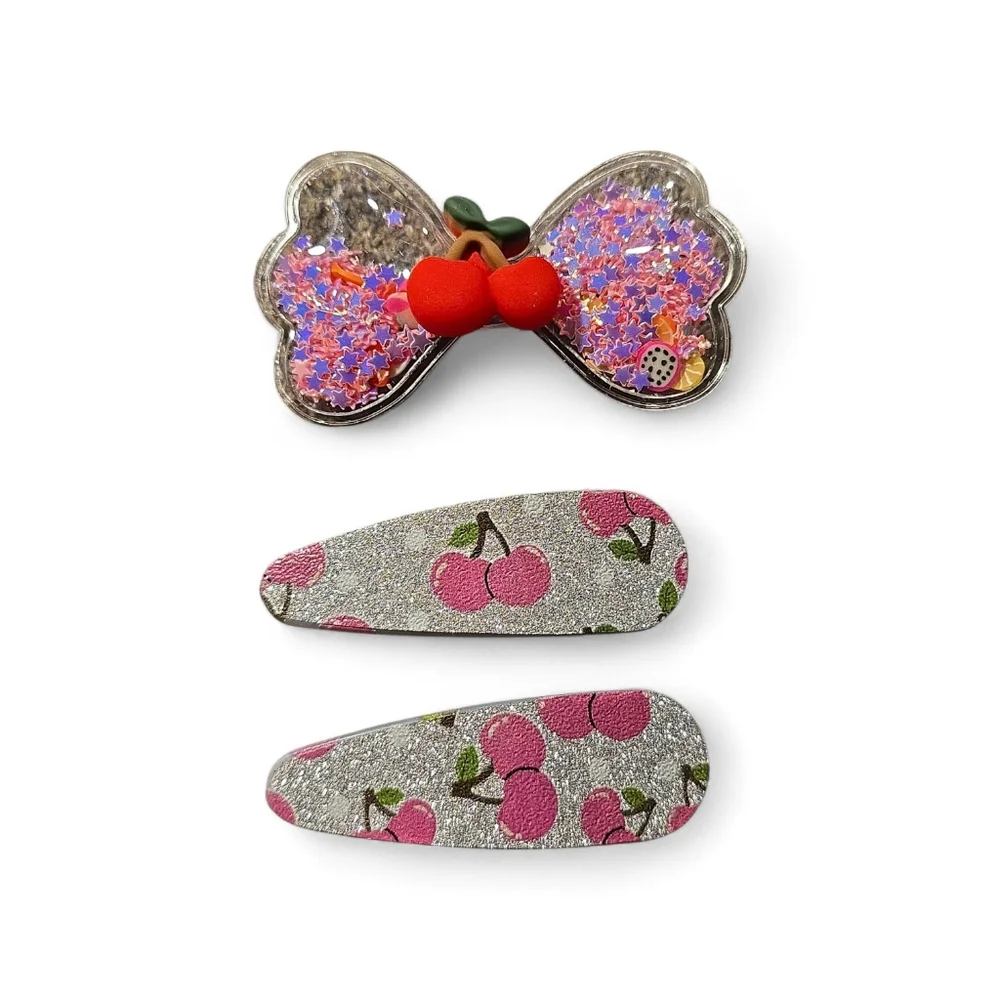 Kids Cherry Glitter Hair Clips - Pink & Silver